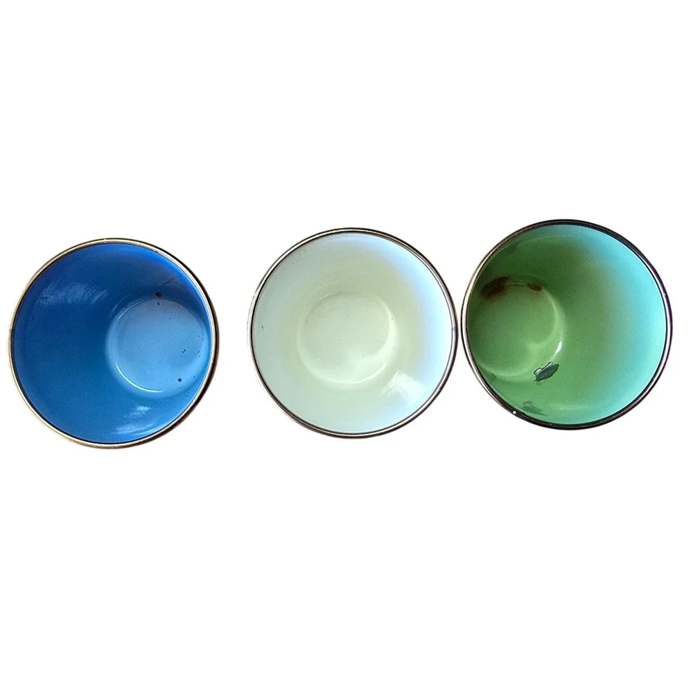 MacKenzie-Childs Flower Market Enamel Tumblers Set of 3 Blue White Green Floral